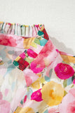 Pink Floral Frilled V-Neck Puff Short Sleeve Blouse