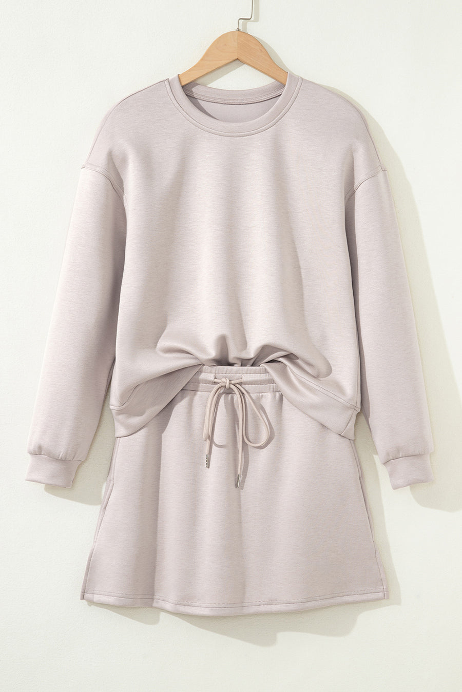 Solid Color Drop Shoulder Sweatshirt & Drawstring Mini Skirt Set- 2 Colors