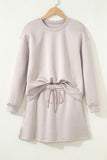 Solid Color Drop Shoulder Sweatshirt & Drawstring Mini Skirt Set- 2 Colors