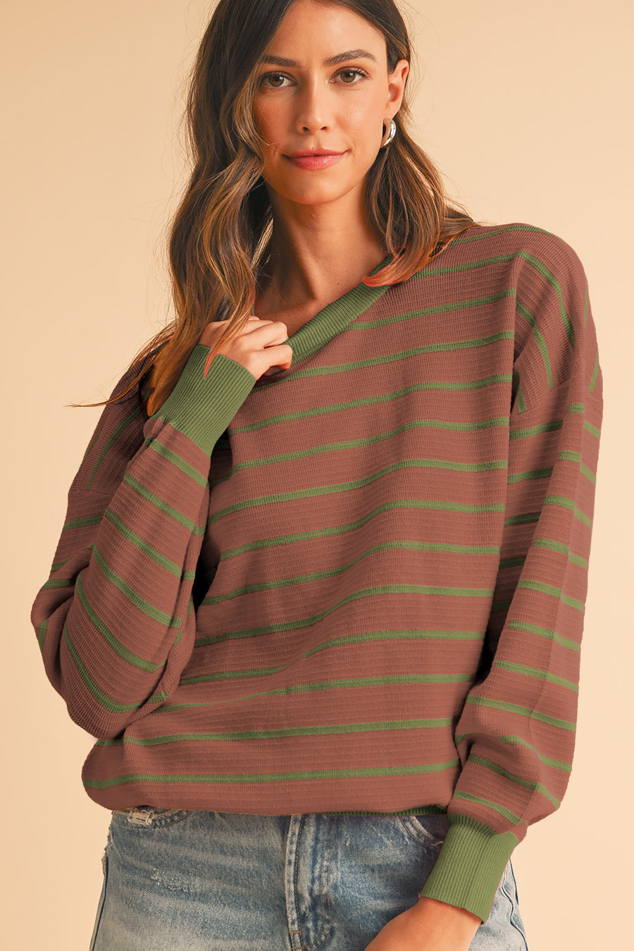 Striped Crew Neck Drop Shoulder Loose Sweater- 3 Colors