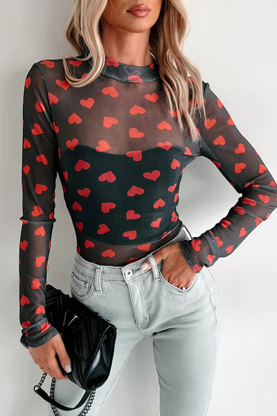 Heart Printed Sheer Mesh Long Sleeve Top- 2 Colors