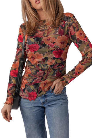 Multicolour Floral Print Lettuce Trim Long Sleeve Mesh Top