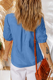 V-Neck Short Sleeve Eyelet Button-Up Blouse- 3 Colors