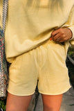 Butter Yellow Button-Up Collared Drop Shoulder Sweatshirt and Shorts Set