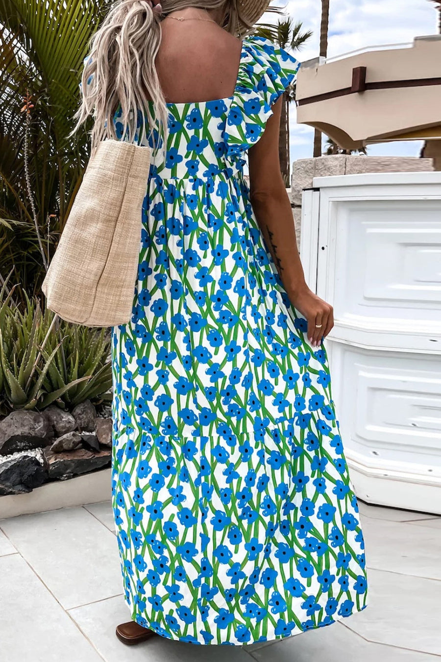 Floral Print Square Neck Ruffled Strap Maxi Dress- 2 Colors