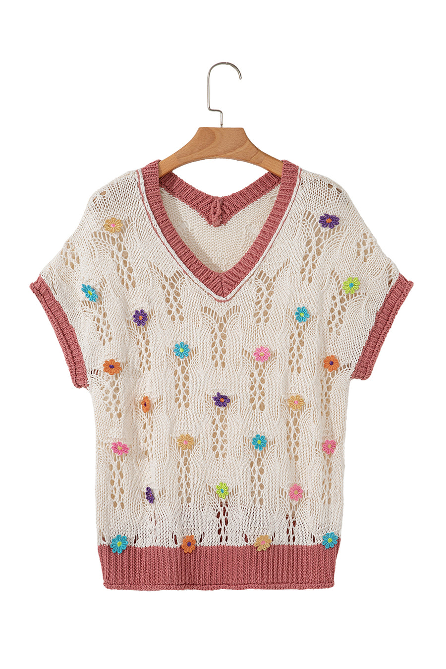 Ivory Floral Crochet Contrast Trim Knit Sweater