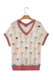 Ivory Floral Crochet Contrast Trim Knit Sweater