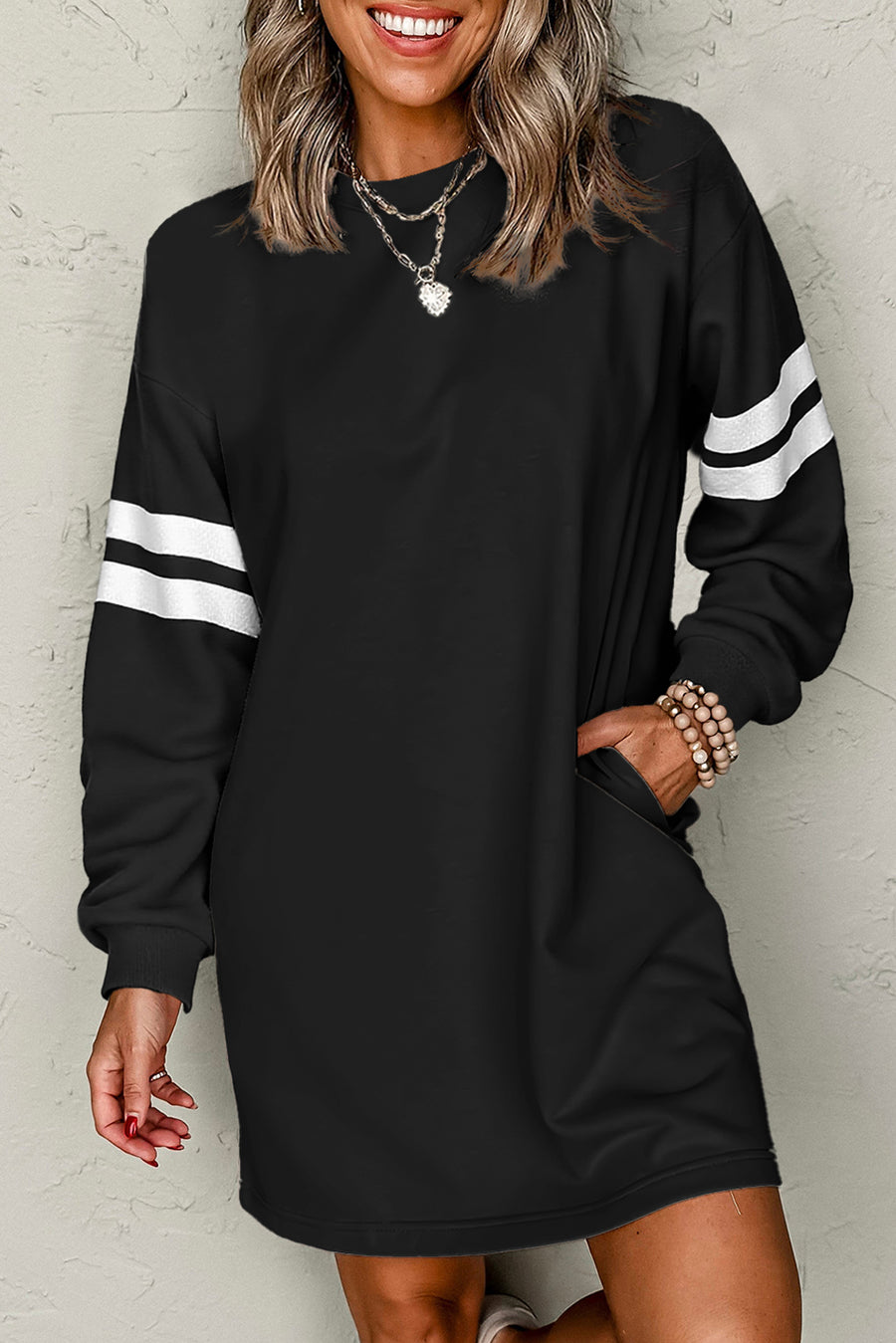 Varsity Striped Long Sleeve Loose Mini Dress with Pockets- 5 Colors