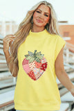 Yellow Faux Patchwork Strawberry Printed Mock Neck T-Shirt
