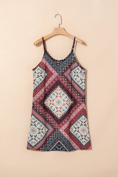 Red Geometric Paisley Print Sleeveless Mini Dress