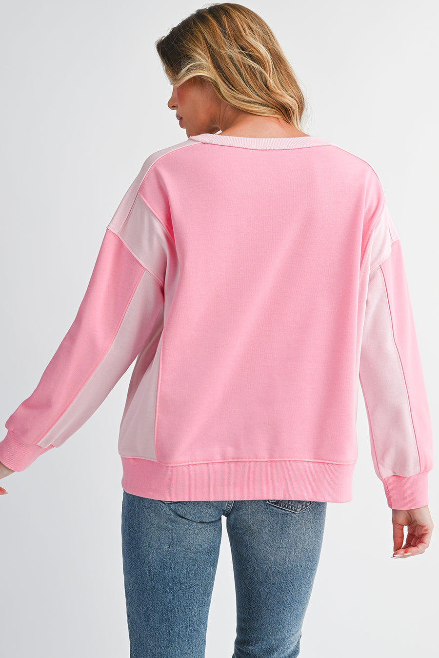 Pink Color Block Patchwork Drop Shoulder Loose Fit Sweatshirt