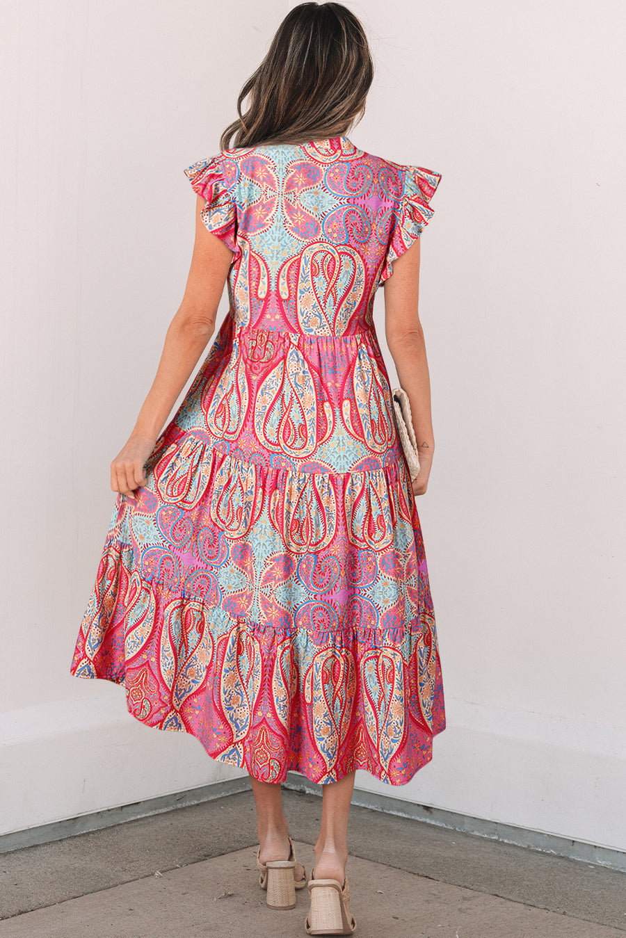 Pink Multi Floral Paisley Ruffle Sleeve Notch Neck Midi Dress