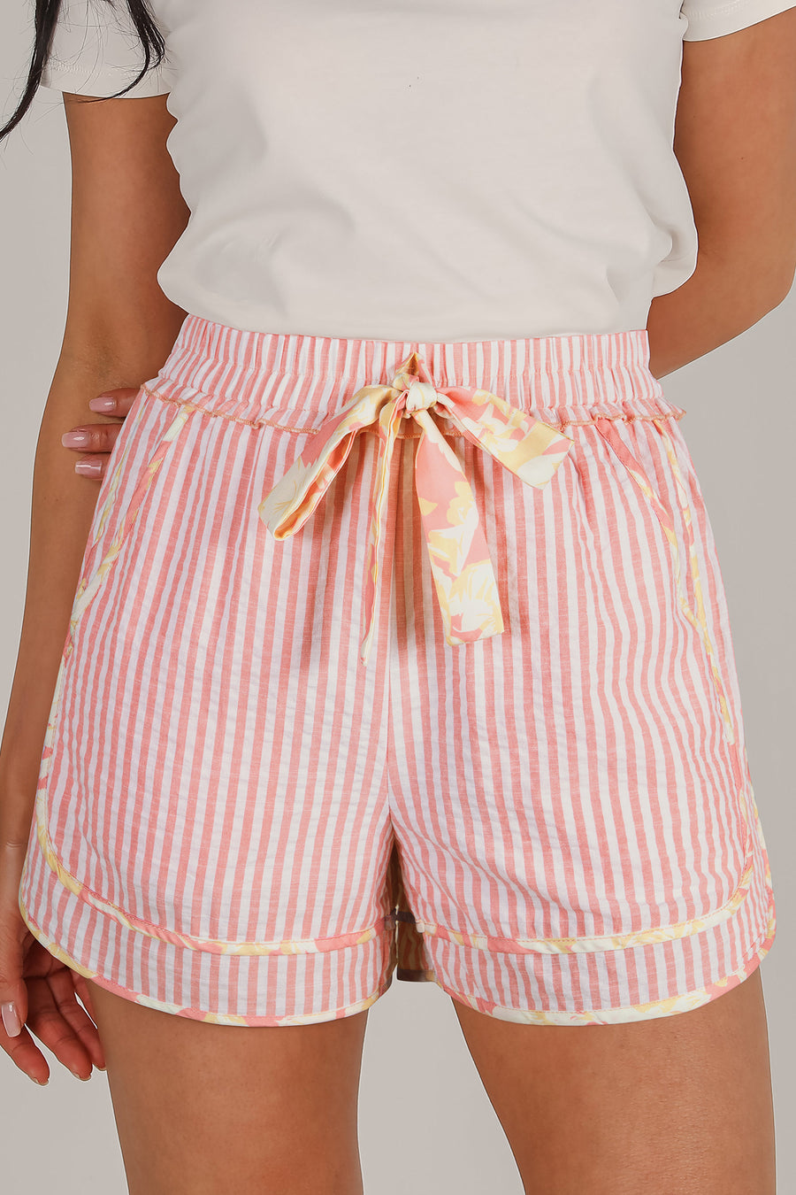 Light Pink Floral Trim Ribbon Drawstring Striped Casual Shorts
