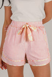 Light Pink Floral Trim Ribbon Drawstring Striped Casual Shorts