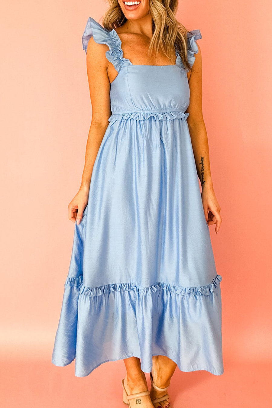 Solid Color Ruffle Trim High Waist Sleeveless Maxi Dress A- 2 Colors