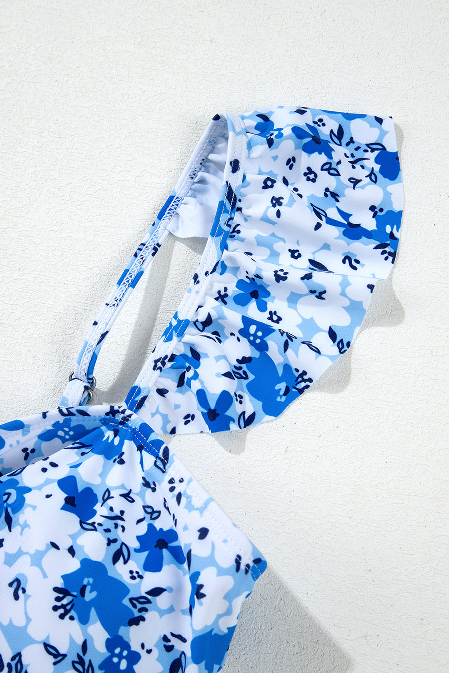 Blue Multi Floral Ruffled Strap Lace-Up Keyhole One-Piece Swimsuit B