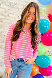 Pink Striped Textured Knit Puff Sleeve Crew Neck Top