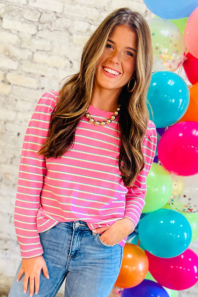 Pink Striped Textured Knit Puff Sleeve Crew Neck Top