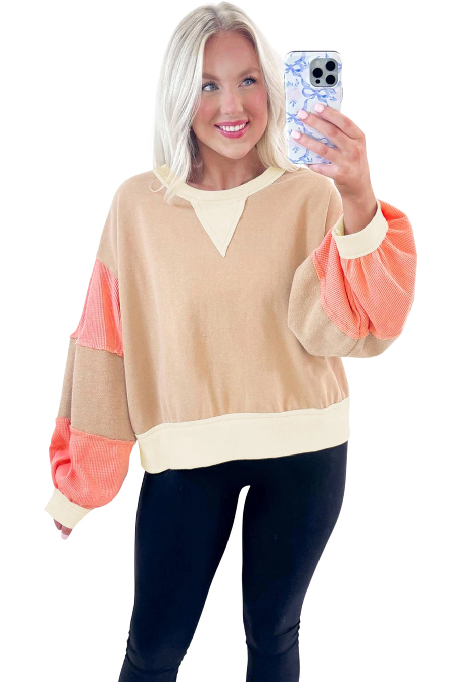 Beige Multi Waffle Knit Patchwork Color Block Pullover Sweatshirt