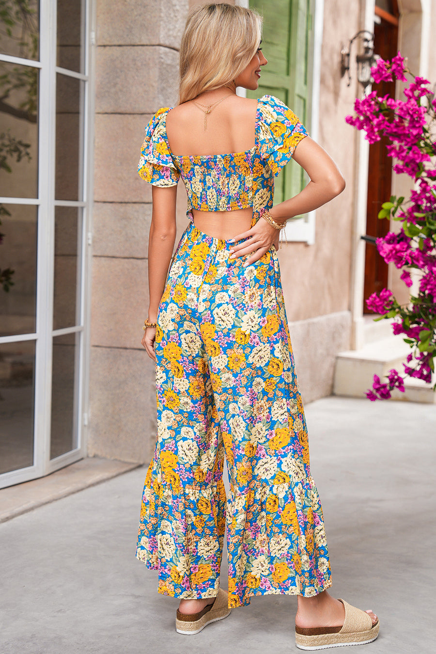 Yellow Floral Print Shirred Cut-Out High-Waist Jumpsuit