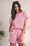 Pink Striped Crew Neck T-Shirt and Drawstring Shorts Set