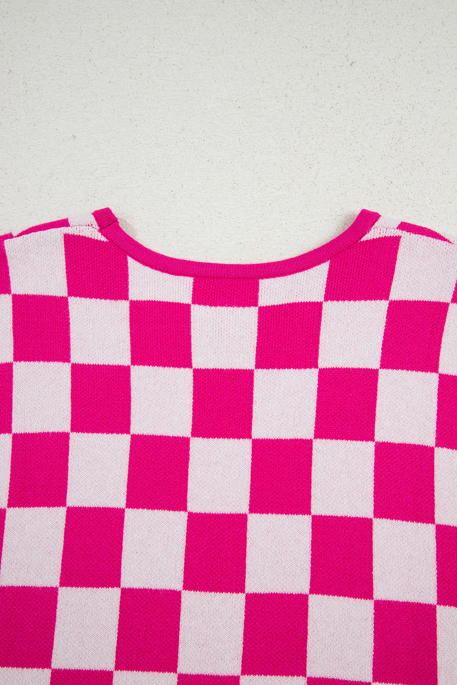 Fuchsia Checkered Pattern Cap Sleeve Knit Top