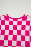 Fuchsia Checkered Pattern Cap Sleeve Knit Top