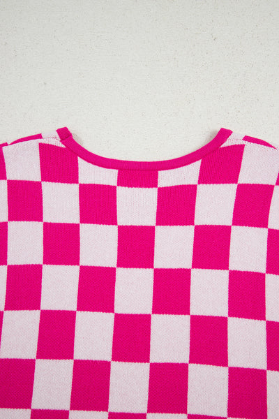 Fuchsia Checkered Pattern Cap Sleeve Knit Top