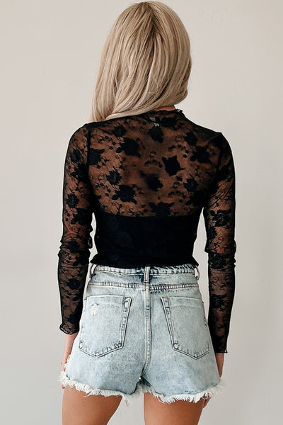 Mock Neck Floral Lace Mesh Long Sleeve Top- 2 Colors