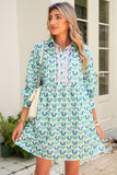 Mint Floral Print Scallop Trim Long Sleeve Mini Dress with Pockets