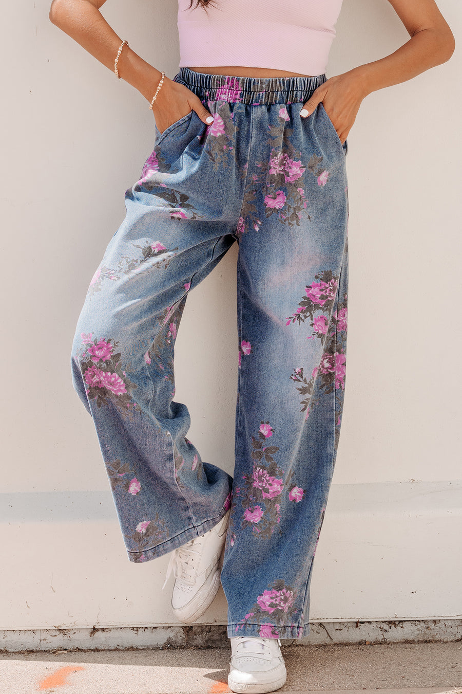Floral Print Elastic Waist Pull-On Jeans