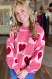 Pink Heart & Checkered Pattern Drop Shoulder Crew Neck Knit Sweater