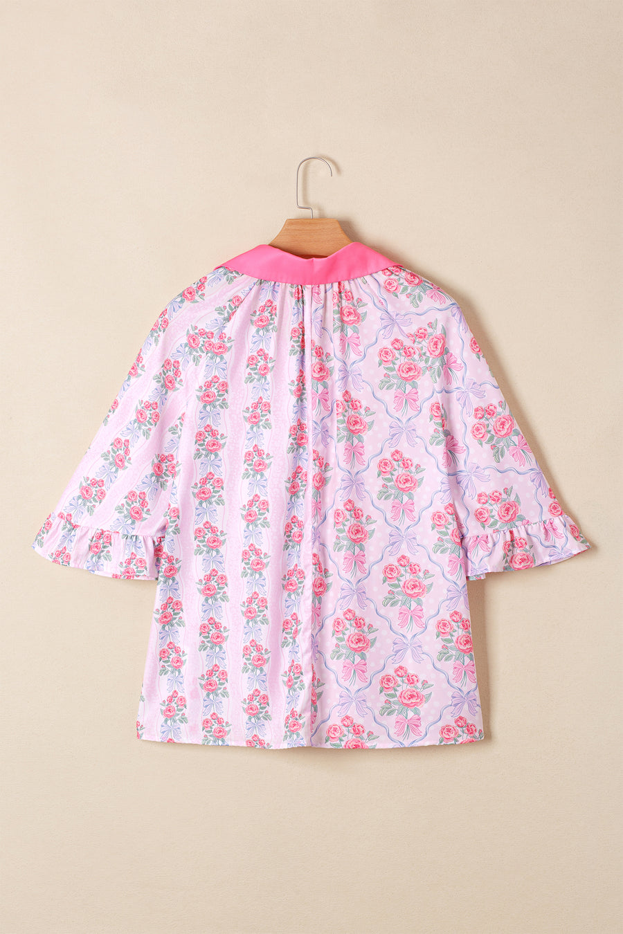 Bright Pink Bow Bouquets Collared Ruffled Short Sleeve Button-Up Blouse