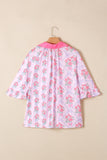 Bright Pink Bow Bouquets Collared Ruffled Short Sleeve Button-Up Blouse