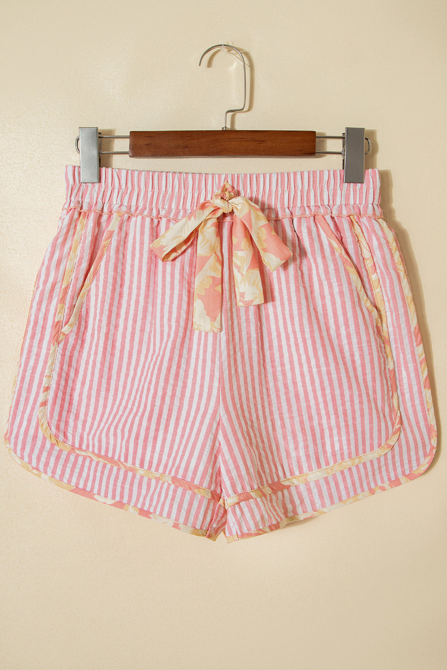 Light Pink Floral Trim Ribbon Drawstring Striped Casual Shorts