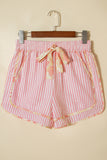 Light Pink Floral Trim Ribbon Drawstring Striped Casual Shorts