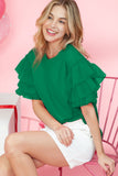 Green Crew Neck Ruffled Tulle Short Sleeve Blouse