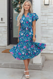 Blue Floral Flutter Sleeve Tie Neck Belted Midi Dress