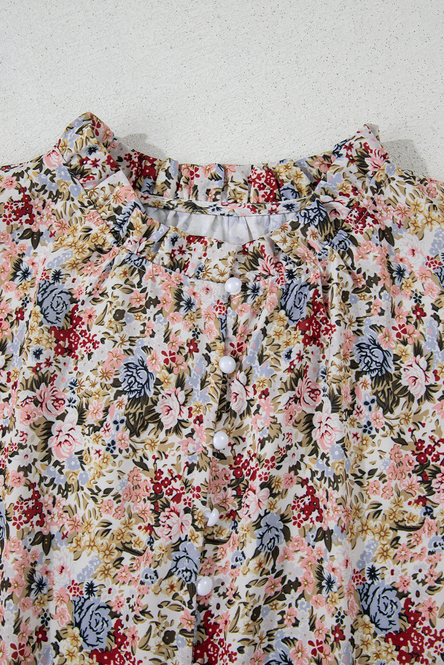 Multicolored Floral Frilled Neck Ruffled Short Sleeve Button-Up Blouse