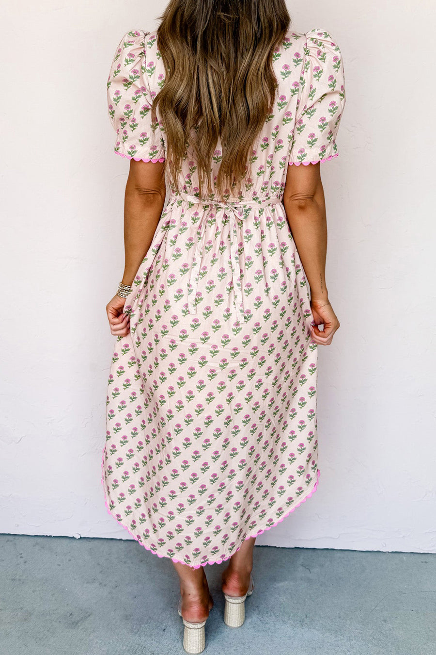 Pink Floral Print V-Neck Scallop Trim Button-Up Short Sleeve Maxi Dress