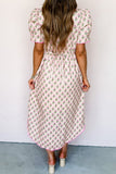 Pink Floral Print V-Neck Scallop Trim Button-Up Short Sleeve Maxi Dress
