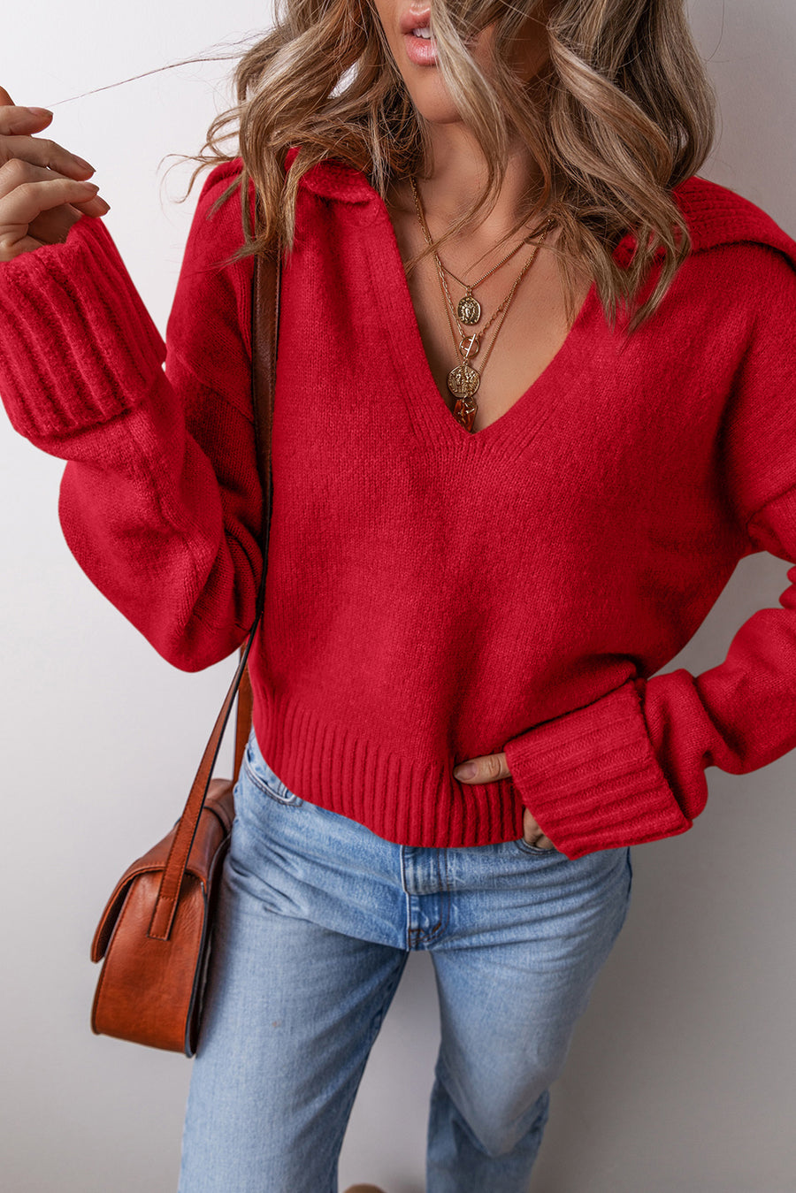 Red Ribbed Edge Sailor Collar V-Neck Loose Fit Sweater