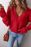 Red Ribbed Edge Sailor Collar V-Neck Loose Fit Sweater