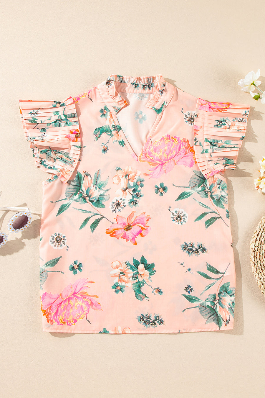 Apricot Floral Frill V-Neck Pleated Short Sleeve Blouse