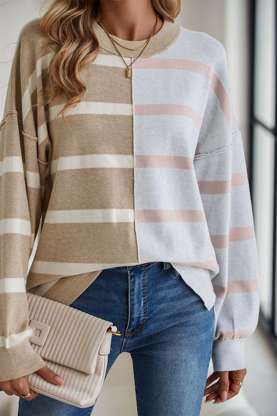 Striped Exposed Seam Patchwork Loose Fit Sweater- 4 Colors