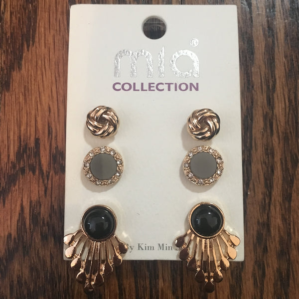 Gold Tone Earring Trio- Black & Gray