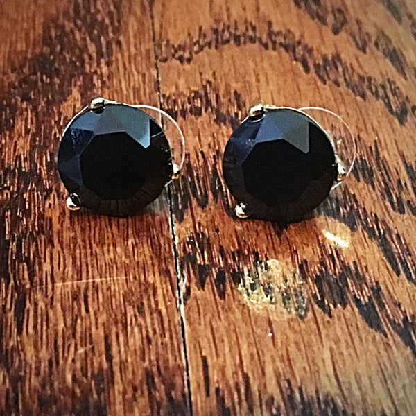 Gold Tone Round Stone Post Earrings- Black