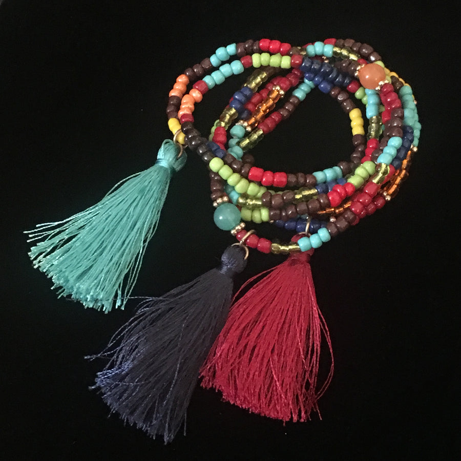 Multicolored Seed Bead & Tassels Stretch Bracelets