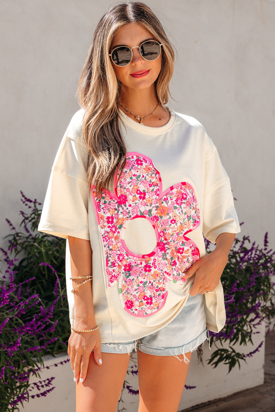 Pink Floral Patched Exposed Seam Oversized T-Shirt- 2 Colors
