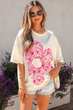 Pink Floral Patched Exposed Seam Oversized T-Shirt- 2 Colors